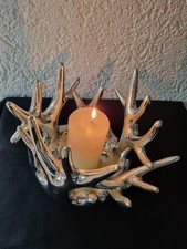 Windlicht Keramik, chromfarben, Kerzenhalter Hirsch Geweih Deko