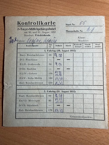 Kontrollkarte 1952 2tage - kontrollkarte,