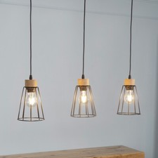 Holz Pendelleuchte D107 3 flammig Eiche geölt Drahtschirm schwarz