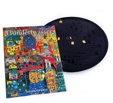 Hundertwasser ars mundi gr. Kuchenplatte Platzteller  33,5cm schwarz/gold + Buch