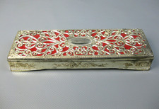 alte Schmuckschatulle Metall Jugendstil mit floralem Muster u. Stoff Auskleidung