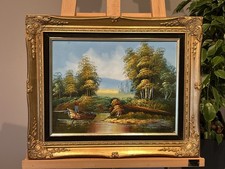 Ölgemälde Barock Landschaft Leinwandstruktur 55x44 cm inkl. Goldrahmen Vintage