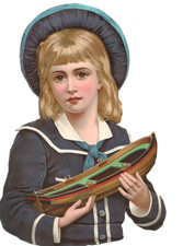 XL Oblaten Scraps die cut Junge Matrosenanzug Schiff Spielzeug dick gepräg 24 cm