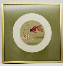 Vintage Original Seiden Malerei “Goldfish” Koi-Fish Signiert Hochwertige Rahmen