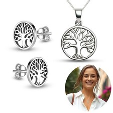 Halskette Ohrringe Set 925 Sterling Silber Lebensbaum Weltenbaum Anhänger Damen 