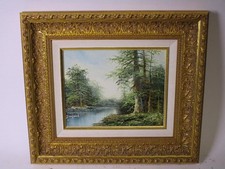 Öl? auf Leinwand, Landschaftsgemälde, edler,goldfb. Prunkrahmen, ~42x37cm  VV428
