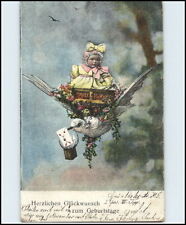 GEBURTSTAG Grusskarte 1904 Kind wird im Korb von Vogel Schwalbe getragen Motiv