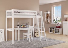 Kieferholzbett Hochbett Stockbett 90x200 aus Kiefer weiß Zubehör wählbar