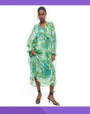 Neue H&M Exklusiv Langes Volantkleid Mit Unterkleid Hellgrün Gemustert Gr L