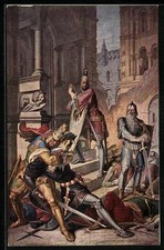 Dietrich von Bern überwindet Hagen im Ringkampf, Nibelungen, Ansichtskarte 