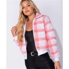 Karierte Damen Blouson Jacke aus Borg-Fleece Rosa-Weiß #J1052