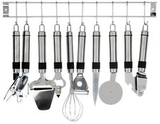 Küchenhelfer Set mit Schiene und Haken - 50 cm - inkl. Pizzarad Knoblauchpresse 