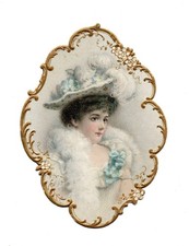 Alte Oblaten Glanzbilder Scraps Dame Lady Hut Federn ... 9cm Rar!!