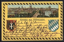Lithographie München, Stadtpanorama, Münchner Kindl, bayerisches Wappen 