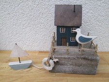 Bootshaus aus Holz/Metall Blau (B/H/T) 13x17x11cm Deko Wohnen Meer Haus Schiff  