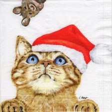 3 Cocktail Servietten ~ Weihnachten, Katze mit Weihnachtsmütze und Maus ~ 25x25