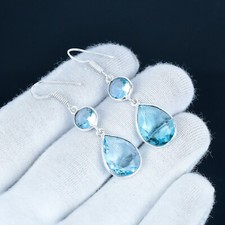 Schöne Aquamarin Edelstein Handmade Schmuck 925 Sterlingsilber Ohrringe Geschenk