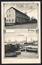 AK Maximiliansau, Restaurant zum Anker, Partie an der Schiffbrücke 1928 