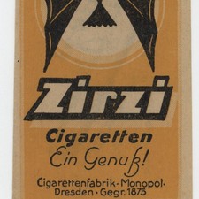 Dresden Zigarettenfabrik Monopol Zirzi Cigaretten Papiertüte Reklame historisch