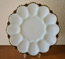 50er Eierteller Pressglas Milchglas weiß Goldrand Anchor Hocking Ø 25 cm