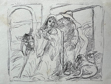 Otto Dill - Original Tusche Zeichnung - Maria & Josef in Bethlehem