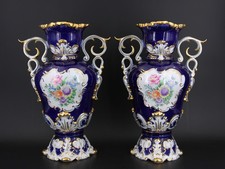 Hollóháza Porzellan 2 Vasen Ungarn Prunkvase 35cm kobaltblau Gold handbemalt #G