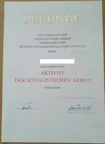 Ddr urkunde aktivist - ddr, der