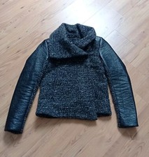 H&M Kurze Jacke Materialmix Details Gr.34 schwarz meliert Bouclé+Lederimitat RV