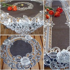 Tischdeckenserie – Florale Stickerei m Cutwork Mitteldecke Tischläufer brau 8810