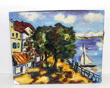 Ölbild Küstenlandschaft Segelboot - Leinwand auf Holz - signiert LH oder LM 1973