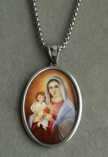 Heilige Maria Unbeflecktes Herz Jesus Anhänger + Halskette Glas Edelstahl Silber