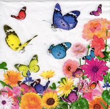 3 Servietten ~ Blumenwiese, Verschiedene Blumen und Schmetterlinge ~ 33x33
