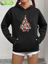 Damen Weihnachten Hoodie Schwarz Baumwolle Eulen Motiv Geschenk M