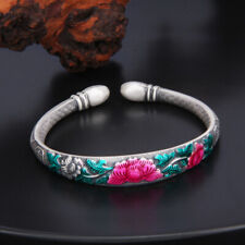 B25 Armreif rote Pfingstrose 6-Wort-Mantra Lotus buddhistisch Feinsilber