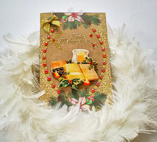 Frohe Weihnachten, festliche 3D Motiv Grußkarte mit edlen Perlen & Umschlag.