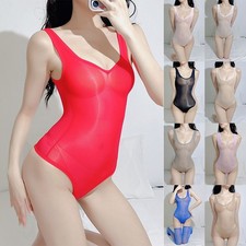 Frauen Öliges Glänzendes Sexy Spitzenbodysuit Hoher Beinausschnitt Badeanzug
