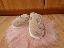 beige Plüsch-Hausschuhe mit Strass, Glitzerteddy und Bling Bling - Gr. 40-41