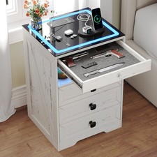 Smart Nachttisch mit Ladefunktion, LED Nachtschrank mit 4 Schubladen Weiß