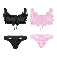 DE Herren Sissy Silky Satin Rüschen Crop Top &Rüschen Bloomers Röcke Höschen