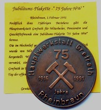 50mm  Bergbau Medaille - Rheinbraun 75 Jahre Hauptwerkstatt Grefrath 1916-1991 
