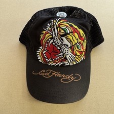 Ed Hardy Vintage Trucker Hat - Embroidered Tiger Design - Black Mesh Cap