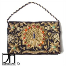 Exlusive Pfauen Clutch Zardozi Abendtasche Gold Stickerei Vintage Karneol Achat