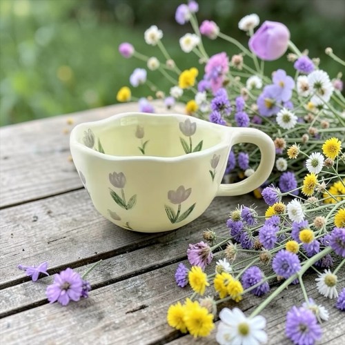 Große kaffeetasse mit - mit, tulpen