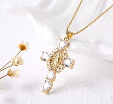 Goldene Vintage  Kreuz Anhänger Halskette Goldplattiert Synt. Steine 