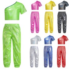 DE Kinder Glitzer Trainingsanzug Mädchen Hip Hop Kleidung Metallic Tanz Outfit 