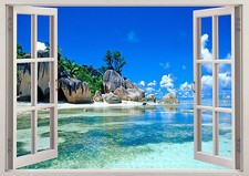 Natur Strand Berge Wasser Bäume 3D Effekt Fenster Aufkleber Wand Poster Viny 353