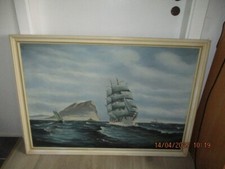 Schönes älteres Gemälde Segelschiff Dreimaster auf hoher See 105 x 77 cm