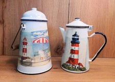 2er Set alte Michkanne Kanne Emailie Krug Shabby Chic Leuchturm Maritim Motiv