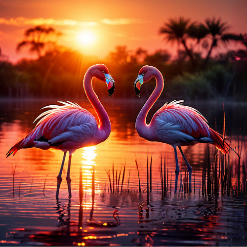 Wandbild flamingos abendsonne - flamingos,