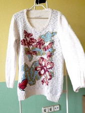 ♥DESIGUAL, dick bunt Blumen Muster mit Glitzer Pailletten,Strickpullover hippy,S